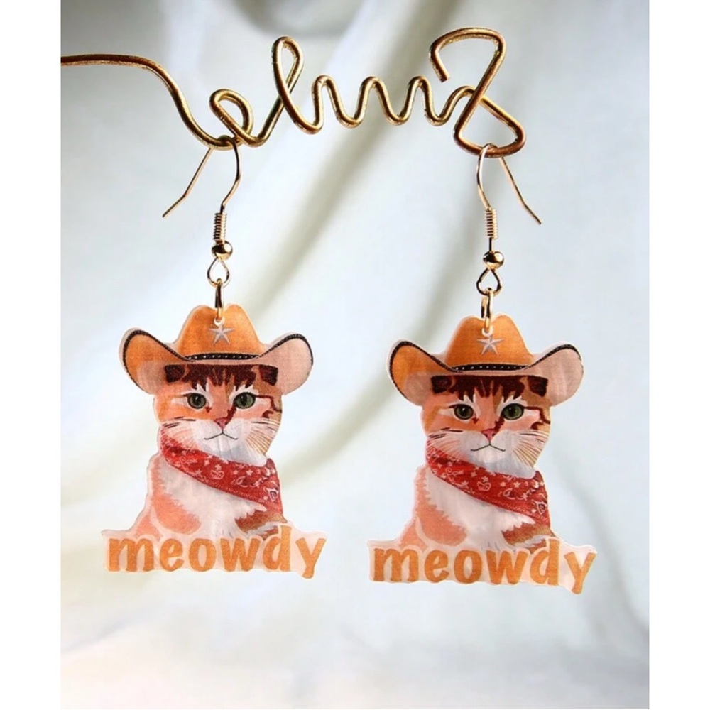Handmade Earrings With Brown Cowboy Cat, Acrylic Resin Drop Dangle Earrings